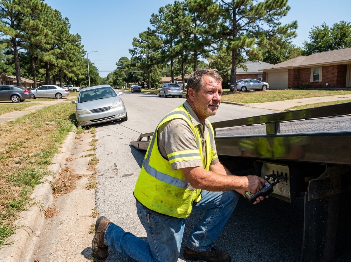 Spring TX towing operator in a safety vest assisting a roadside breakdown