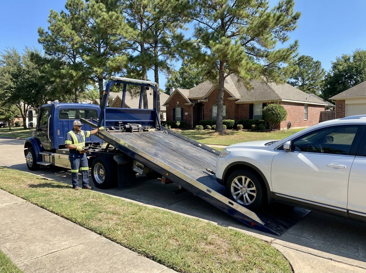 Spring TX towing flatbed loading an SUV on a suburban Texas street