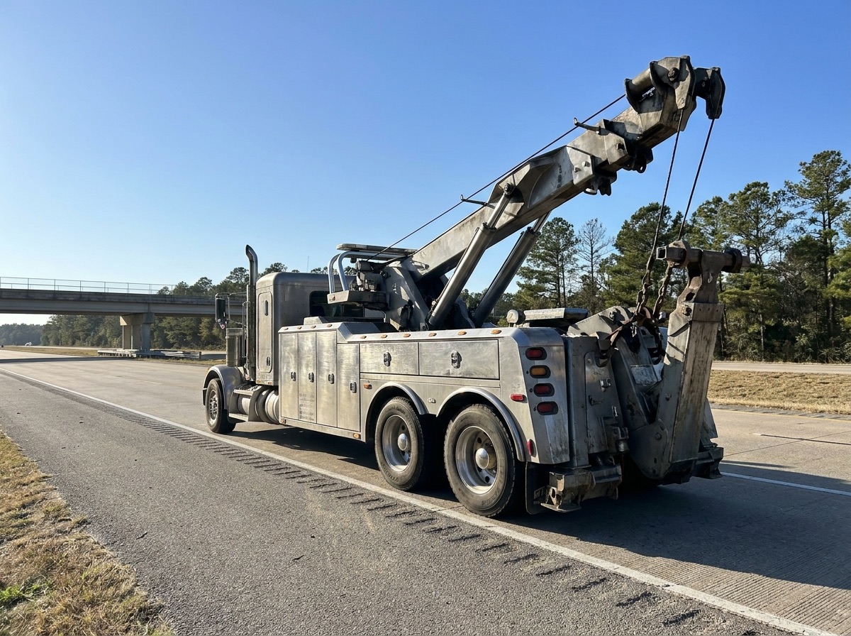 Spring TX towing heavy-duty wrecker on a North Houston highway