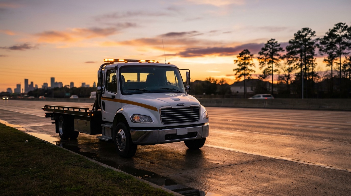 Spring TX towing flatbed tow truck on a North Houston highway at dusk with amber warning lights