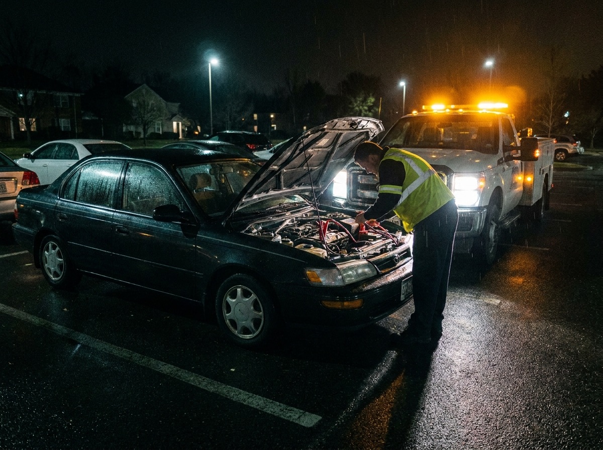 Spring TX towing roadside assistance jump-start service at night